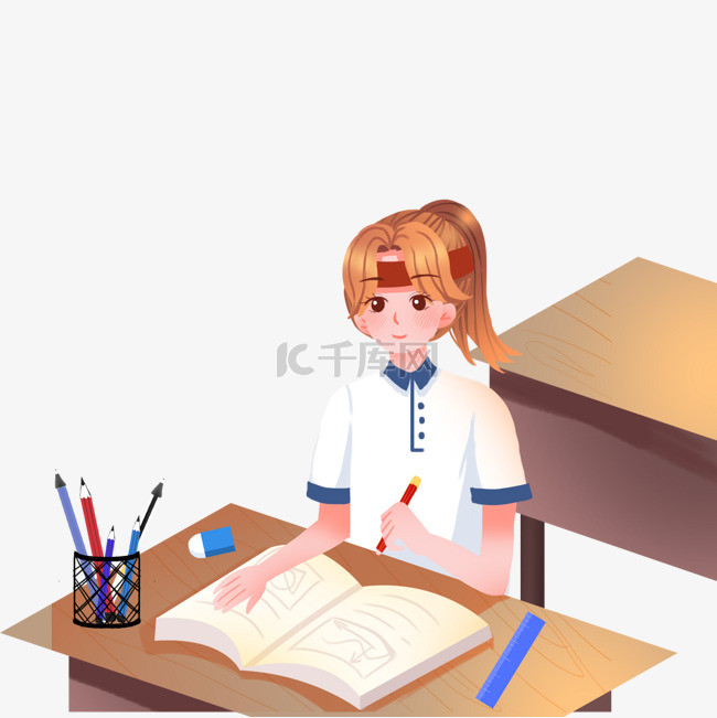 高考在教室学习的女孩