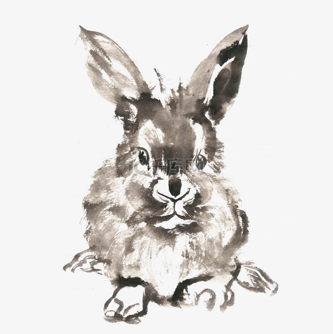 兔子的正面水墨画PNG免抠素材