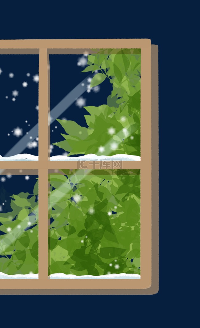 窗户树叶窗框冬季积雪