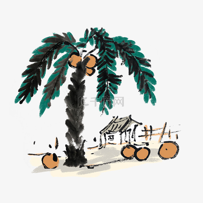 椰子树水墨椰子手绘插画