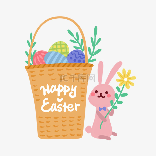 复活节一篮彩蛋和兔子PNG免抠