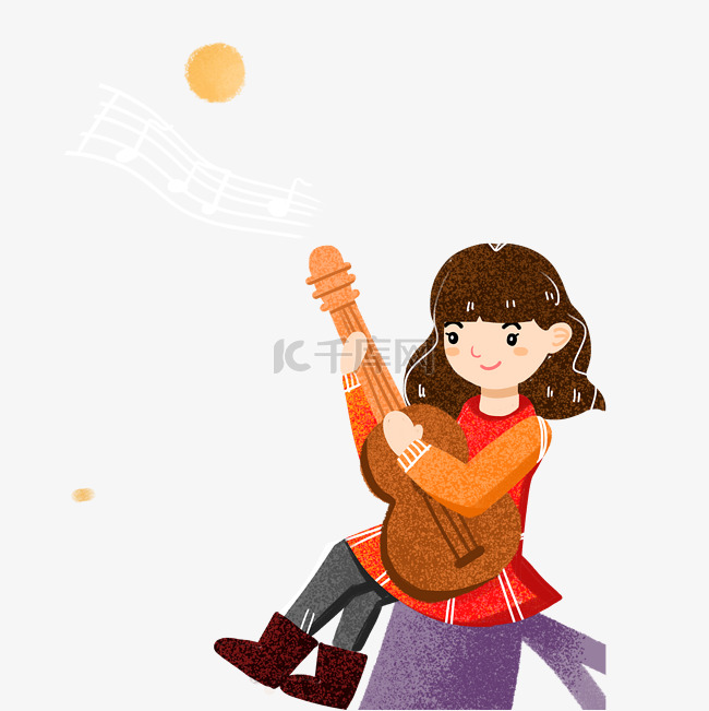 卡通女孩在弹吉它免抠图