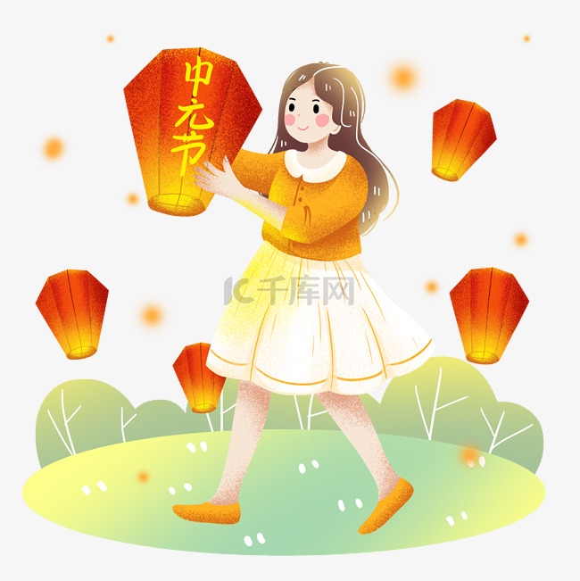 中元节女孩放孔明灯祈愿素材