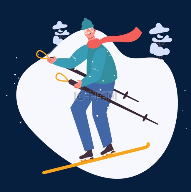 手绘卡通蓝色滑雪冬季插画