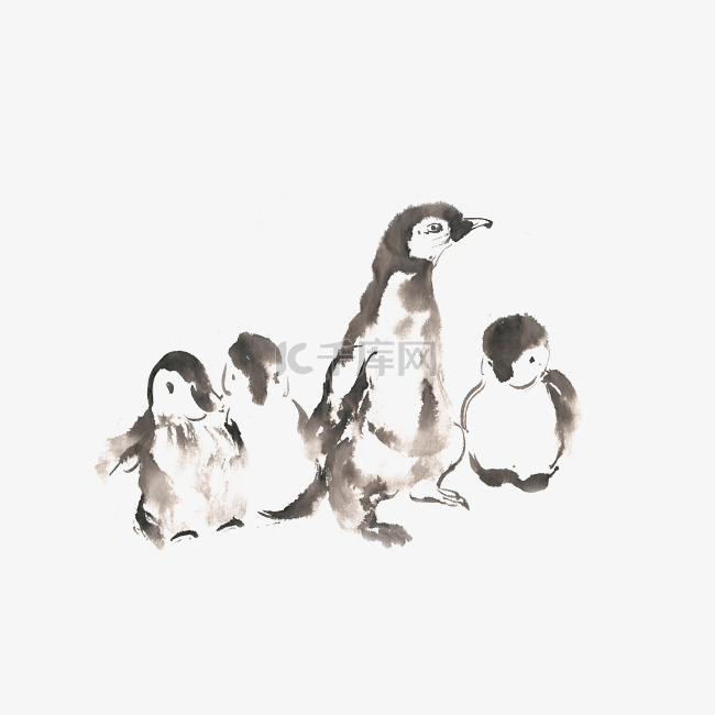 一群小企鹅水墨画PNG免抠素材