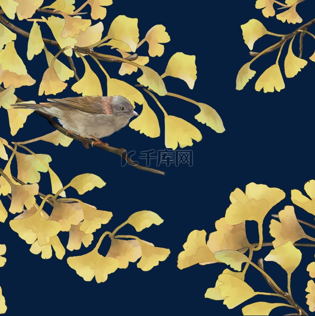 秋季风景金色银杏树林雀鸟工笔复