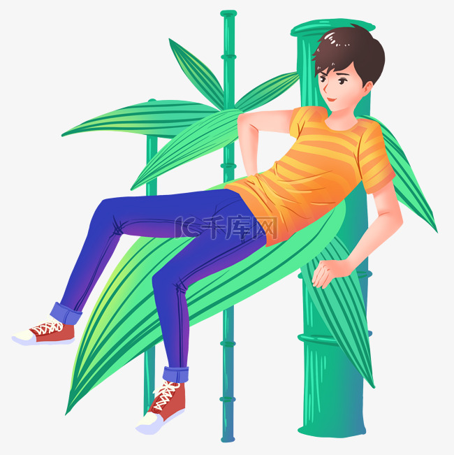 坐在竹叶的男孩