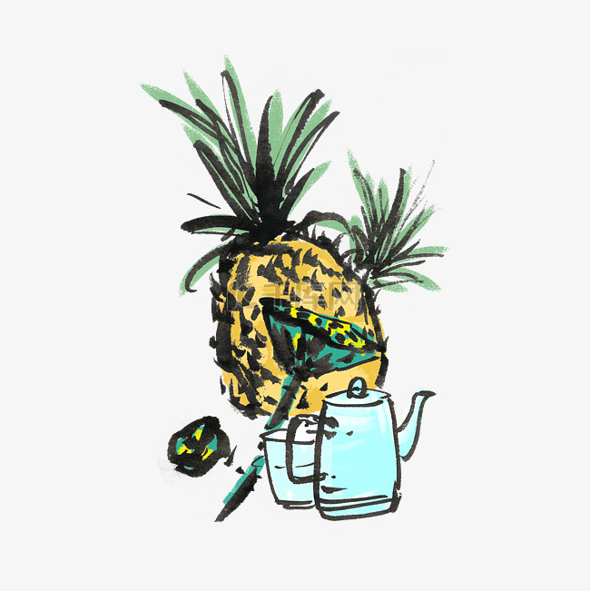 夏天菠萝手绘水墨插画