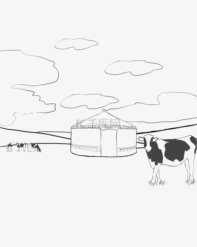 线描草原蒙古包奶牛