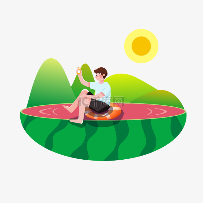 大暑男孩坐在西瓜池里喝果汁PNG