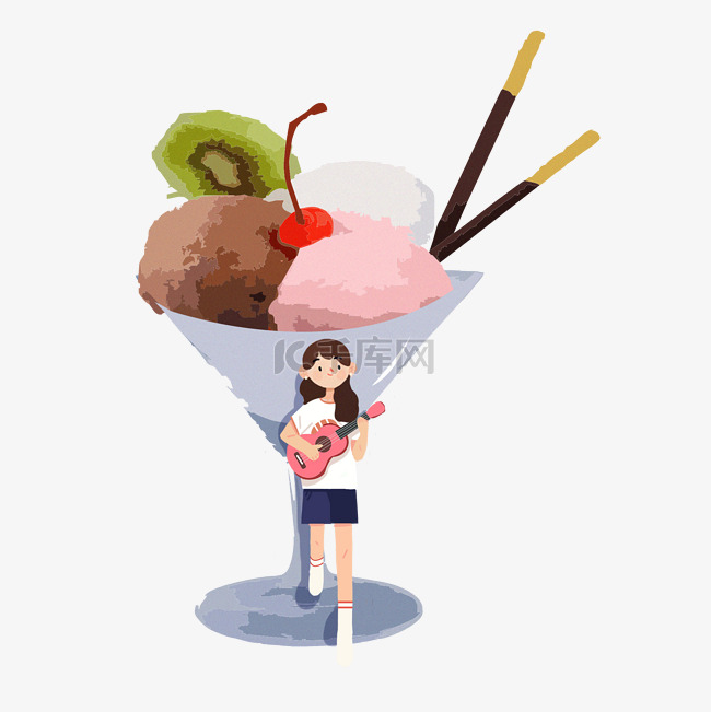 大暑女孩靠在冰淇淋杯弹吉他PNG