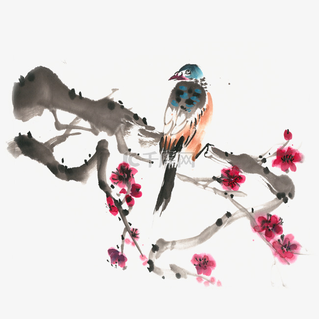 苗墨　水墨画 梅花 玉骨仙姿 青色背景 梅花与小鸟水墨画PNG免抠素材图片免费下载_高清装饰图案psd_千库