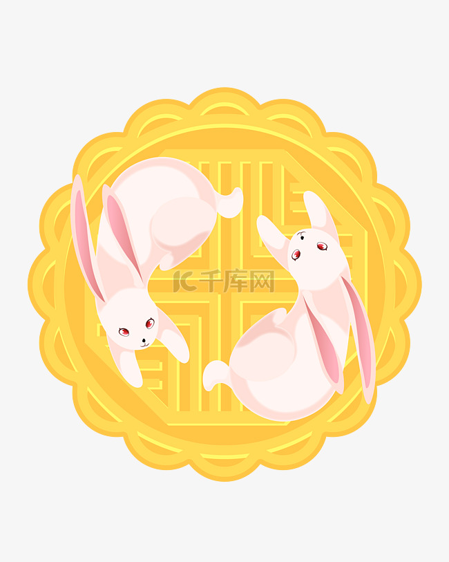 黄色的月饼上两只兔子