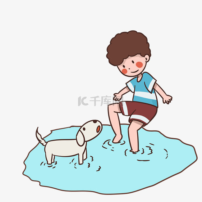 夏天和狗狗玩水的男孩