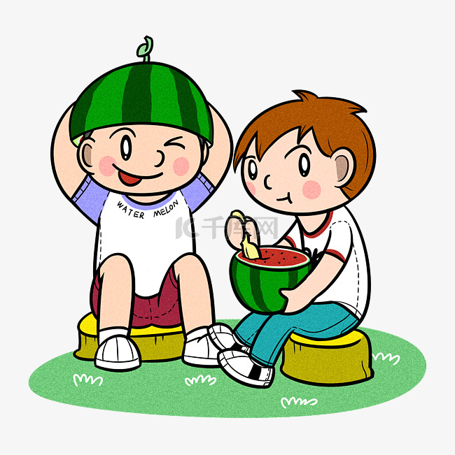 卡通儿童夏天开心吃西瓜png透