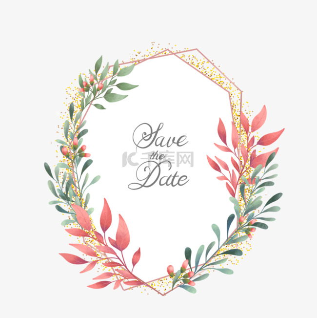 婚礼边框手绘树叶金色粉装饰