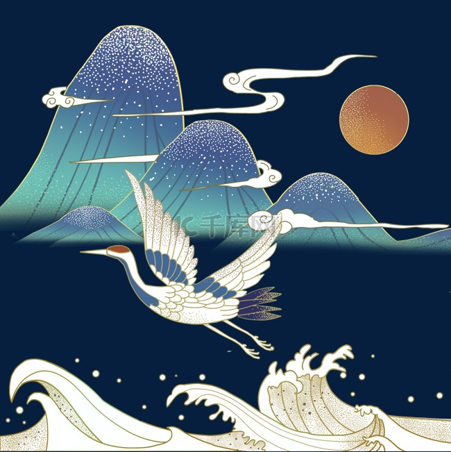 日本浮世绘仙鹤海浪素材图片免费下载_高清卡通手绘psd_千库网(图片编号  