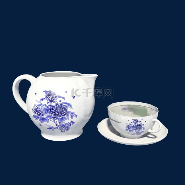 白色青花瓷器的茶具