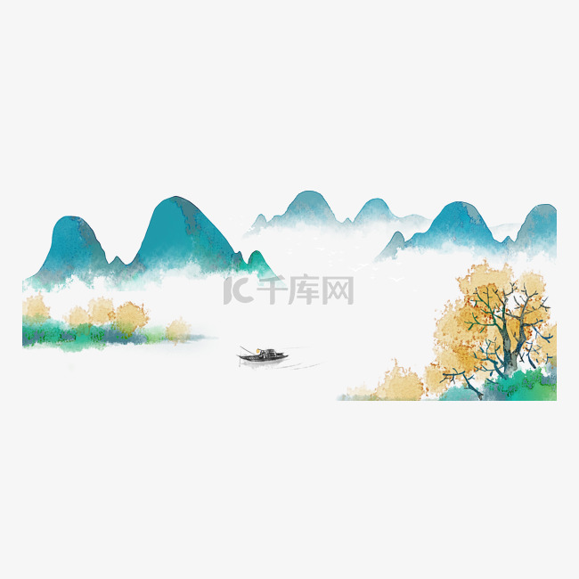 秋色渔江水墨山水风景