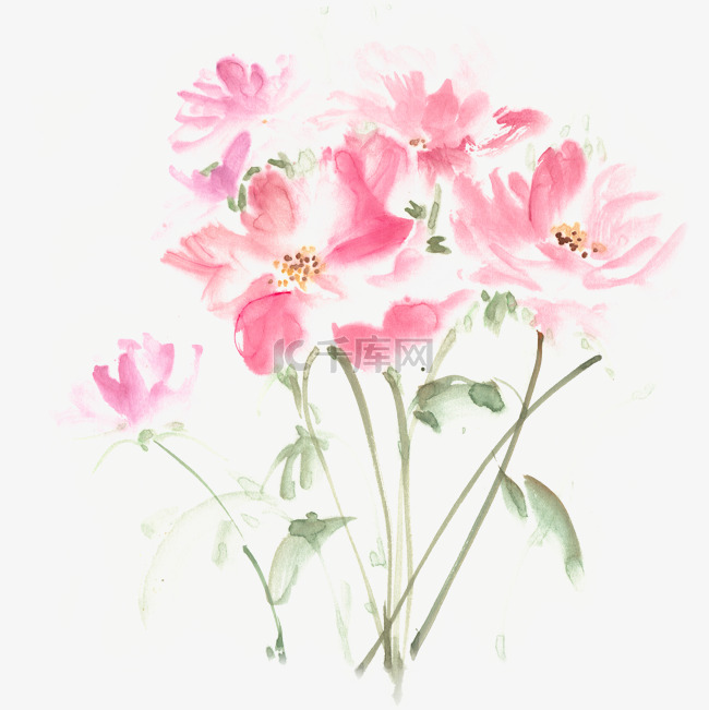 粉红色花丛水墨画
