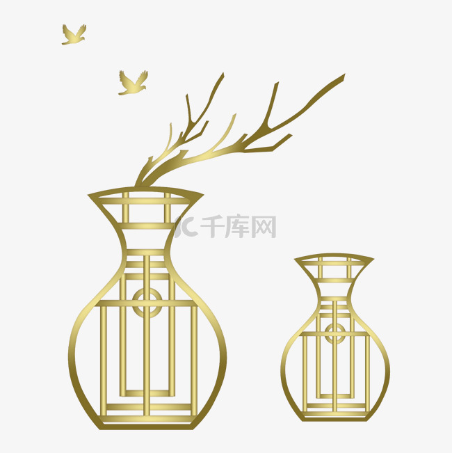 中国风金色花纹瓶子树枝小鸟