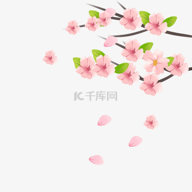 粉色桃花花枝素材手绘