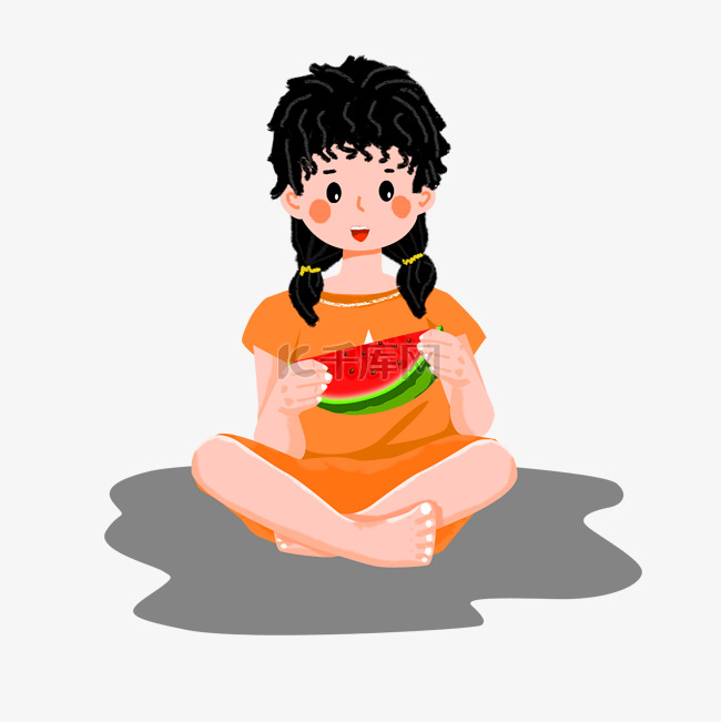 卡通女孩吃西瓜
