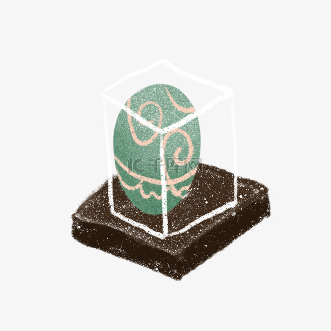 手绘卡通盒子里的绿色彩蛋免扣元