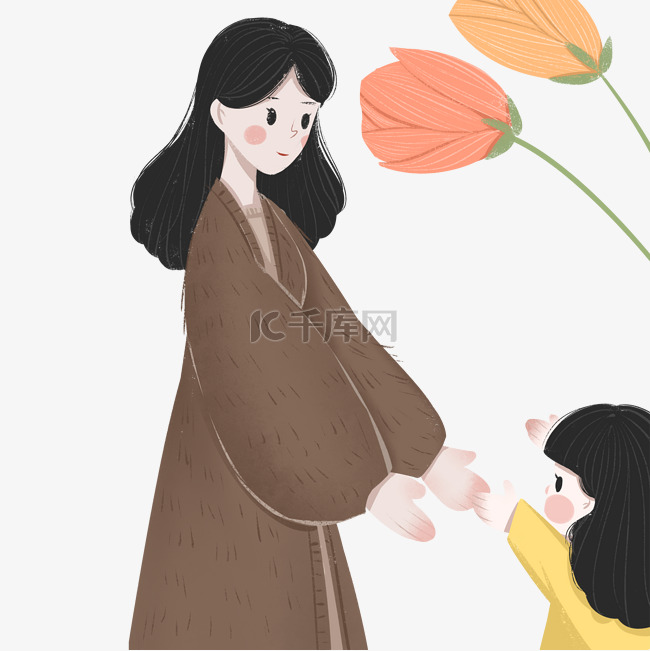 花朵装饰的卡通母女