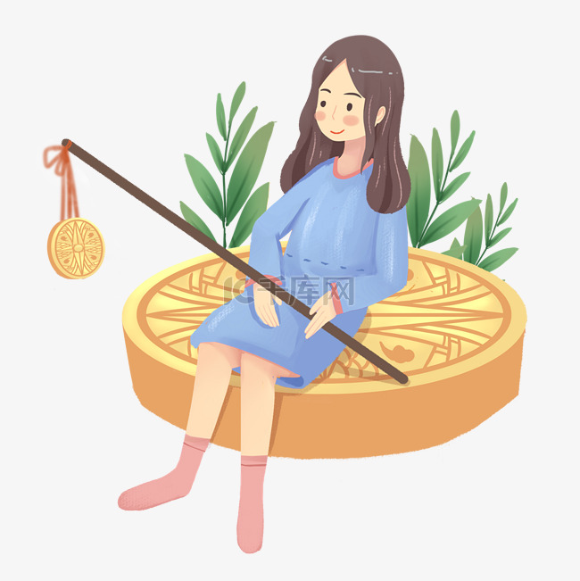 中秋节女孩坐在月饼上素材