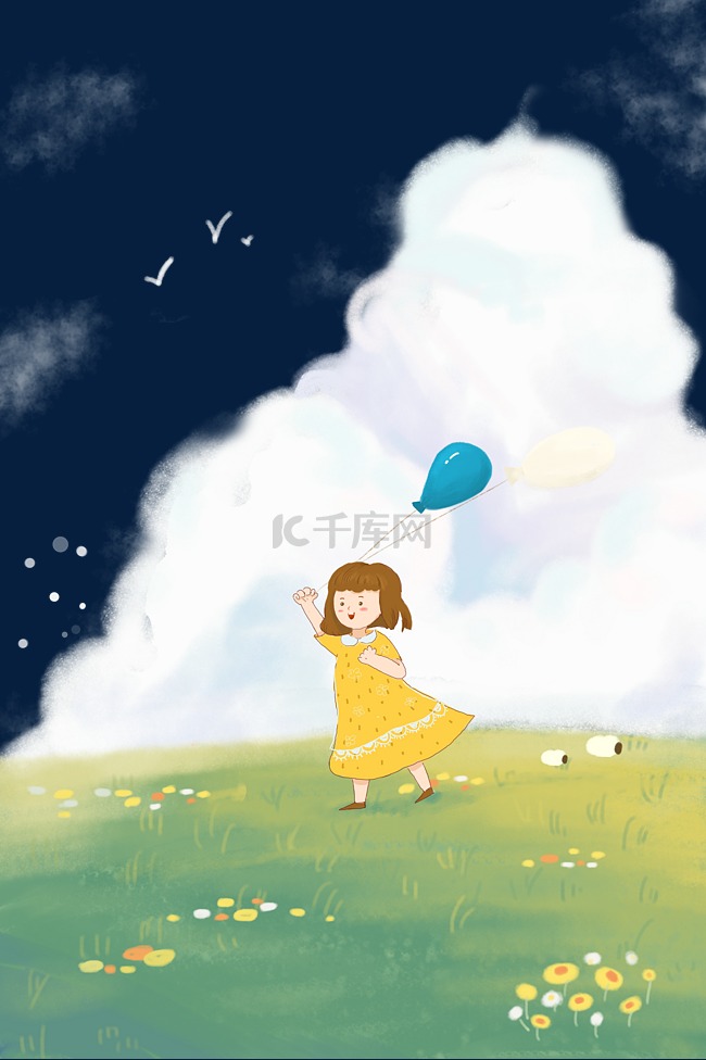 春季春天云朵草地小女孩气球