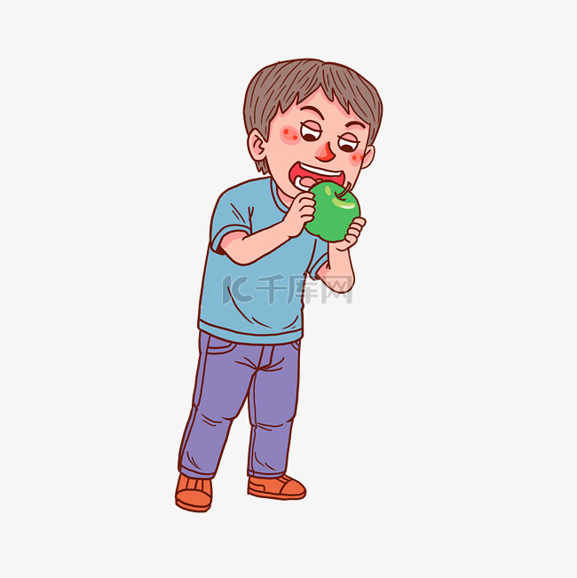 卡通人物吃苹果男孩