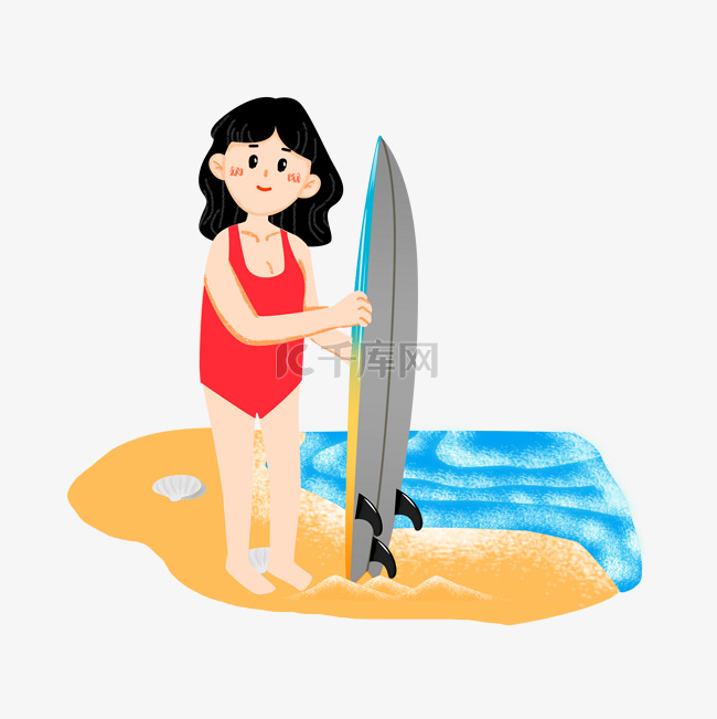 女孩海边冲浪板