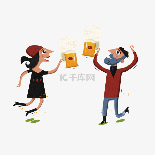 卡通男孩和女孩在喝啤酒
