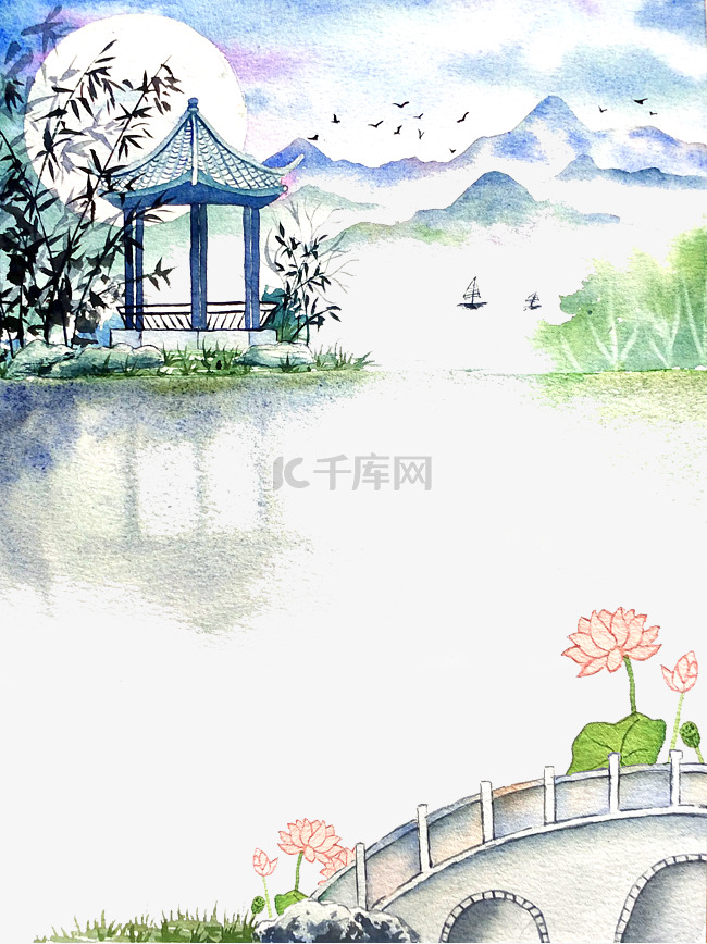 中国古风水彩装饰边框夏日荷花明