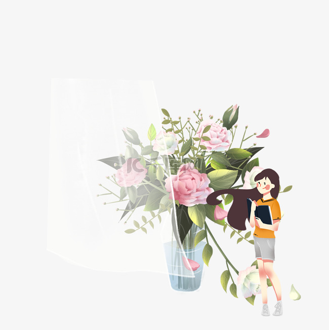 女孩站在花瓶旁