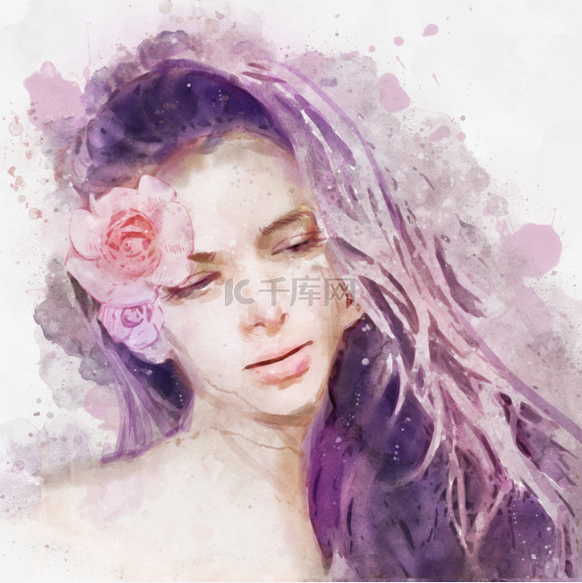 紫色花卉水彩女人肖像喷溅插画手