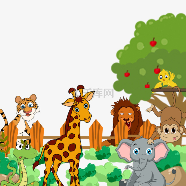 动物园里的动物插画大象和狮子