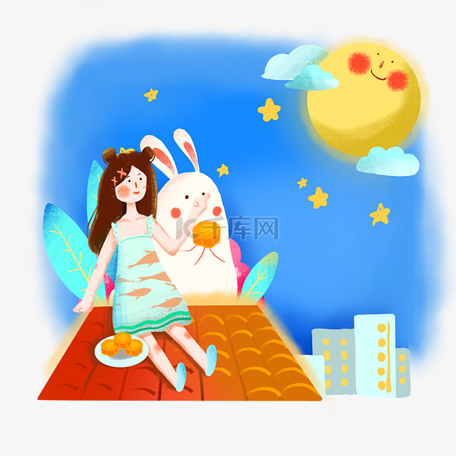 可爱少女八月十五中秋玉兔赏月吃