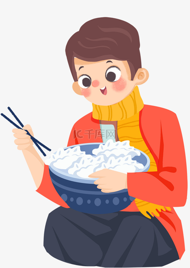 冬至节气吃饺子的男孩
