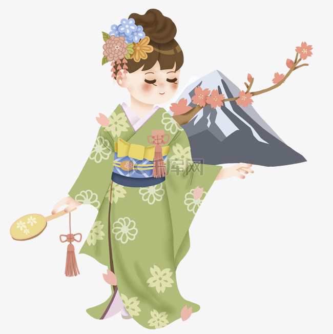 日本和服少女樱花富士山卡通人物
