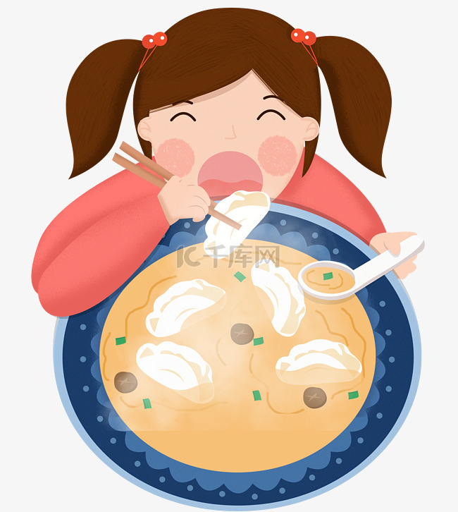 冬至节气可爱女孩吃饺子