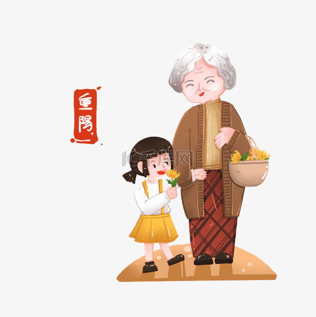 重阳节陪外婆摘菊花的小女孩