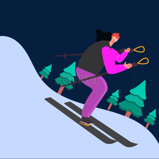 手绘卡通紫色滑雪冬季插画