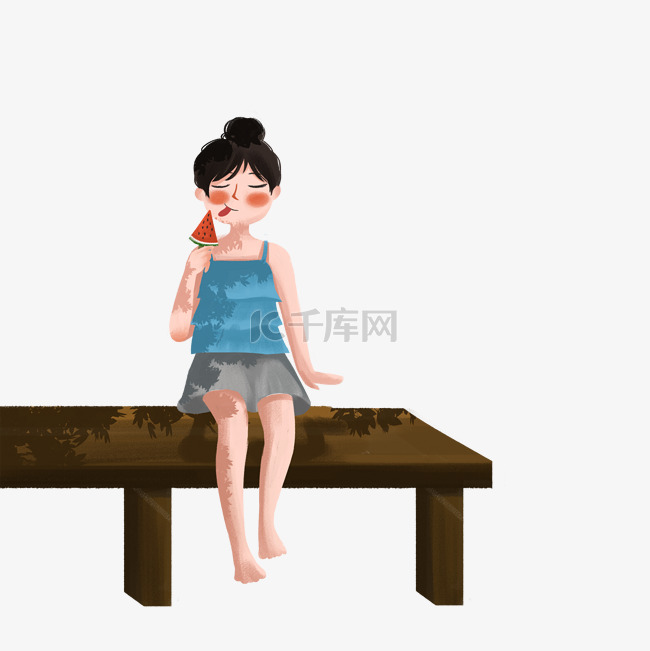 女孩坐在桌子上吃西瓜免抠图