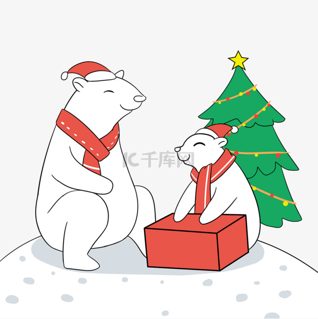 手绘北极熊和圣诞树