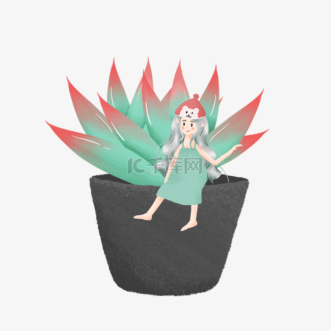 简约坐在盆栽上的女孩插画海报免