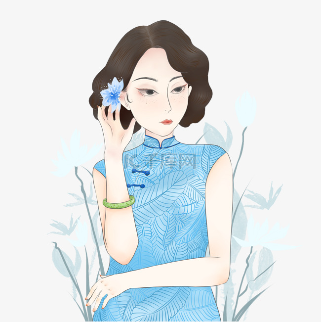 蓝色旗袍复古美女中国风
