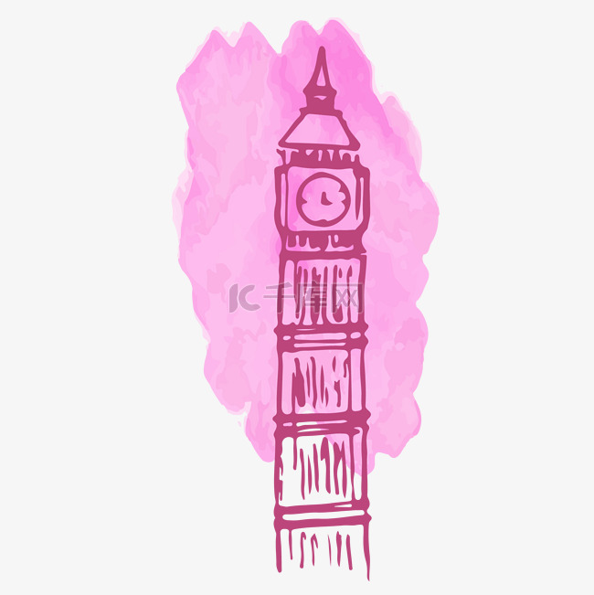 手绘水彩风城市地标伦敦大本钟
