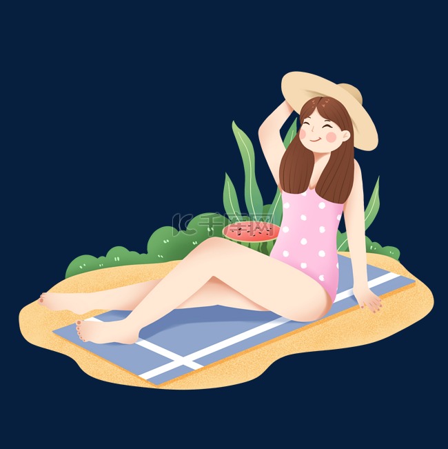 夏季海边沙滩上吃西瓜的女生夏天